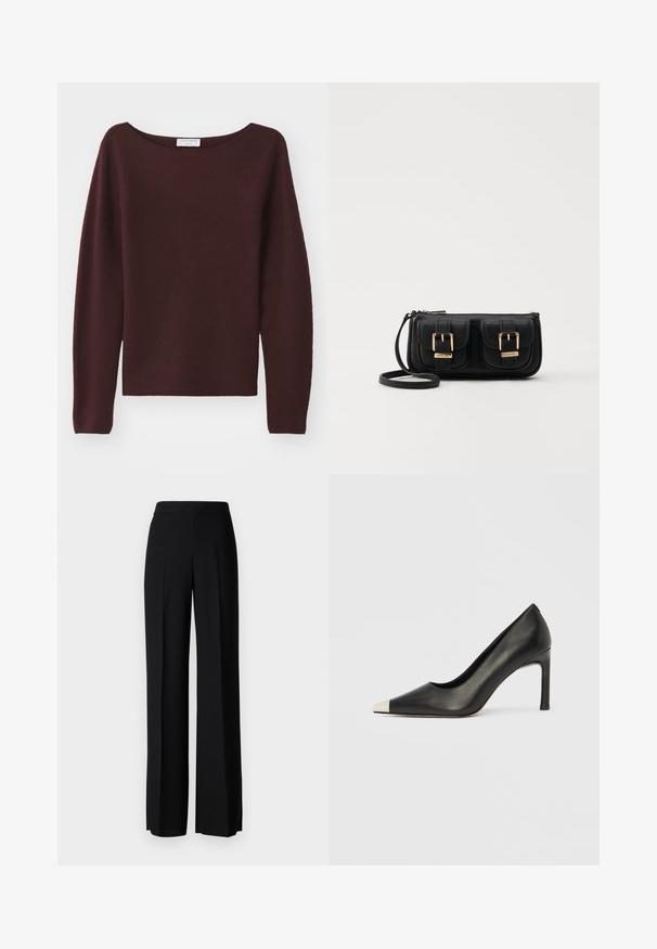 Pull en tricot bordeaux avec un large col bateau et des manches longues. Texture douce, coupe droite à l'ourlet, sans ornements visibles.; Pantalons noirs à jambes larges avec une texture lisse, dotés d'une taille haute et de plis centraux. Pas de motifs visibles ni de détails en matériel.; Chaussure à talon haut en cuir noir avec bout pointu et capuchon argenté métallique. Présente une finition lisse et un talon fin de 10 cm.; Sac en cuir noir porté en travers avec deux poches avant, boucles dorées, fermeture zippée et une sangle fine. Surface texturée et forme rectangulaire compacte.