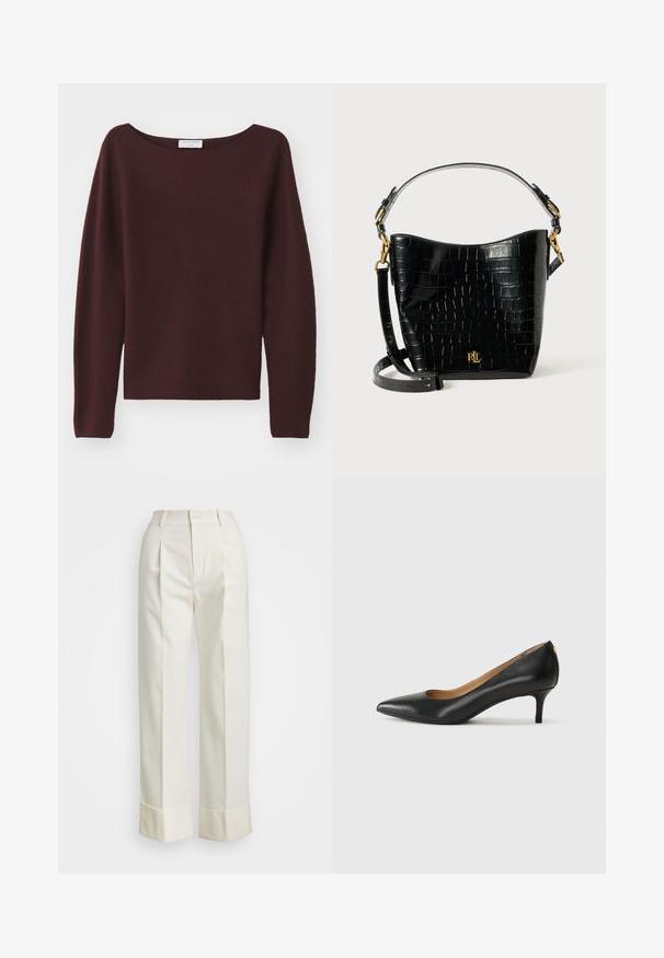 Bordeaux neulepusero, jossa on leveä venepääntie ja pitkät hihat. Pehmeä rakenne, suora leikkaus helmassa, ei näkyviä koristeita.; Valkoiset mittatilauspohjaiset housut, joissa on korkea vyötärö, kaksinkertaiset etukourut ja leveät lahkeet, joissa on käänteet. Valmistettu sileästä, teksturoidusta kankaasta.; Mustat nahka-korkokengät, joissa on terävä kärki, matala korko ja sileä pinta. Edessä on pieni aukko ja takana minimaalinen varustus.; Musta krokotiilinjäljitelmästä valmistettu laukku, jossa on kaareva muoto, kultaiset yksityiskohdat, säädettävä olkahihna ja logotiedot edessä.