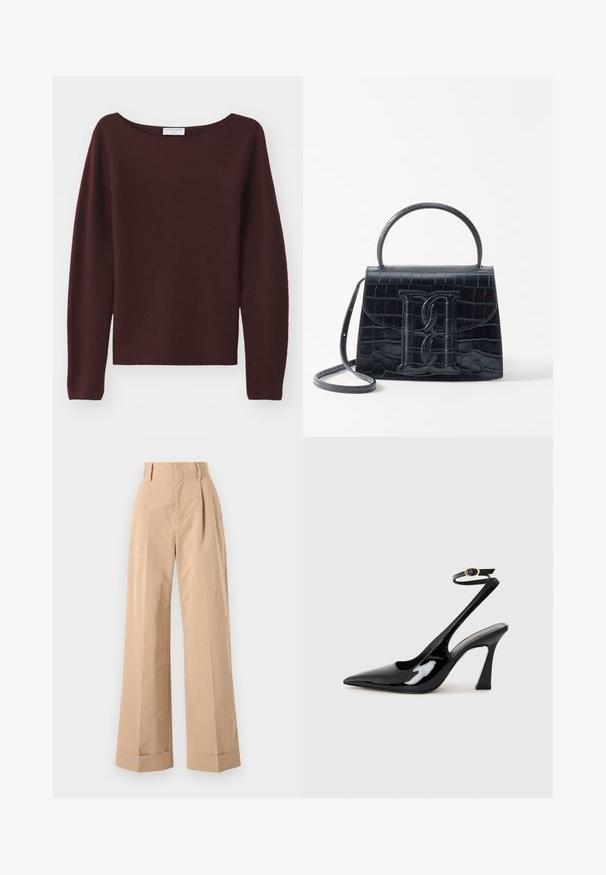 Burgundy knitted sweater with a wide boat neckline and long sleeves. Soft texture, straight cut at the hem, no visible embellishments.; Beige wide-leg trousers with a high waist, featuring pleats and a smooth texture. The cuffs are folded, adding structured detail.; Black patent leather slingback high heels with a pointed toe, adjustable ankle strap, and a moderate block heel. Smooth texture with glossy finish.; Black crocodile-embossed leather handbag with a structured design, top handle, adjustable strap, and a prominent front logo detail.
