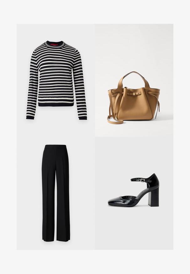 Zwart-wit gestreepte trui, ronde hals, lange mouwen, ribgebreide manchetten en onderrand. Gemaakt van zachte stof met gelijkmatig verdeelde horizontale strepen.; Zwarte wijde broek met een gladde textuur, voorzien van een hoge tailleband en middelste plooien. Geen zichtbare patronen of hardware-details.; Zwarte lakleren hoge hakken met een vierkante neus, enkelbandje en een chunky hak. Inclusief geperforeerde details langs de rand.; Tory Burch ROMY PEBBLED SATCHEL - Handtas - tiramisu