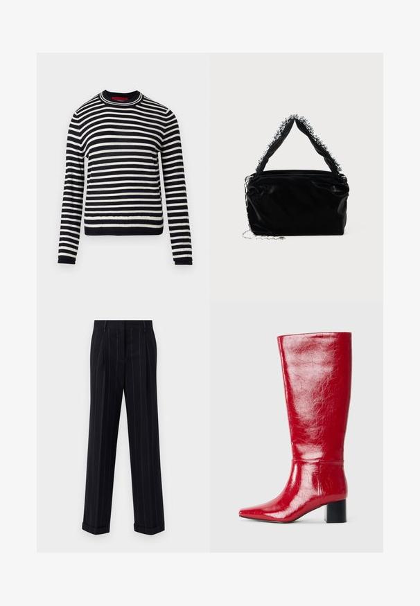 Sweater listrado em preto e branco, com gola redonda, mangas longas, punhos e barra canelados. Feito de um tecido suave com listras horizontais uniformemente espaçadas.; Calças pretas risca de giz com um ajuste sob medida, apresentando uma bainha com dobra e pregas frontais. Feitas de um tecido suave com um design estruturado.; Bota alta de couro vermelho brilhante até o joelho, com bico pontudo e salto quadrado, em um fundo branco simples.; Bolsa de mão em pele sintética preta com acabamento texturizado, apresentando um detalhe de contas prateadas ao longo da alça superior e uma alça de corrente.