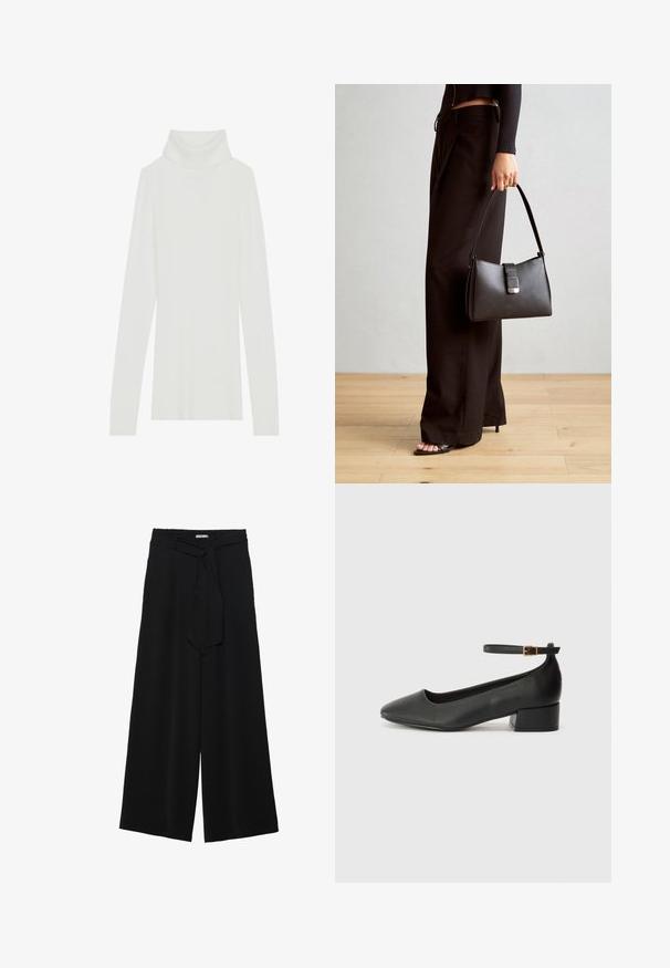 Λευκό ριμπ τζάκετ με ψηλό λαιμό, μακριά μανίκια, απαλό υλικό και σχεδίαση που ταιριάζει στο σώμα, χωρίς ορατούς κλειστούς.; Μαύρο παντελόνι με φαρδιά πόδια, φτιαγμένο από υφασμάτινη ύλη με υφή, με ελαστική μέση και αποσπώμενη ζώνη στη μέση για ρυθμιζόμενη εφαρμογή.; Μαύρο δερμάτινο τακούνι με μυτερή μύτη και χαμηλό τετράγωνο τακούνι. Διαθέτει λουράκι στον αστράγαλο με χρυσό τόνο πόρπη. Λείο υφή.; Μαύρη τσάντα χειρός με δομημένο σχήμα, λεία υφή και μεταλλικό κούμπωμα. Συνδυασμένη με φαρδιά μαύρα παντελόνια και σανδάλια ανοιχτής μύτης πάνω σε ξύλινο πάτωμα.