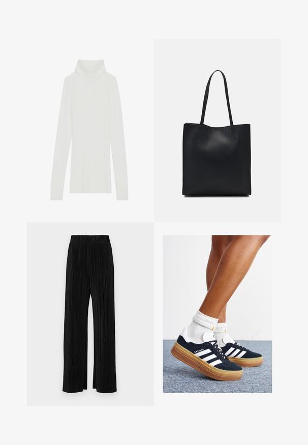 Suéter branco de gola alta com nervuras, mangas longas, textura suave e um design ajustado, sem fechos visíveis.; Calças pregueadas pretas com uma cintura elástica. Apresentam pernas largas e um tecido liso, texturizado com riscas verticais.; Ténis de camurça preta com riscas e detalhes brancos, biqueira arredondada, sola em borracha cor de goma, combinados com meias brancas caneladas até à altura do tornozelo.; Bolsa tote preta em couro com textura lisa, forma retangular e duas alças longas. Sem hardware ou enfeites visíveis.