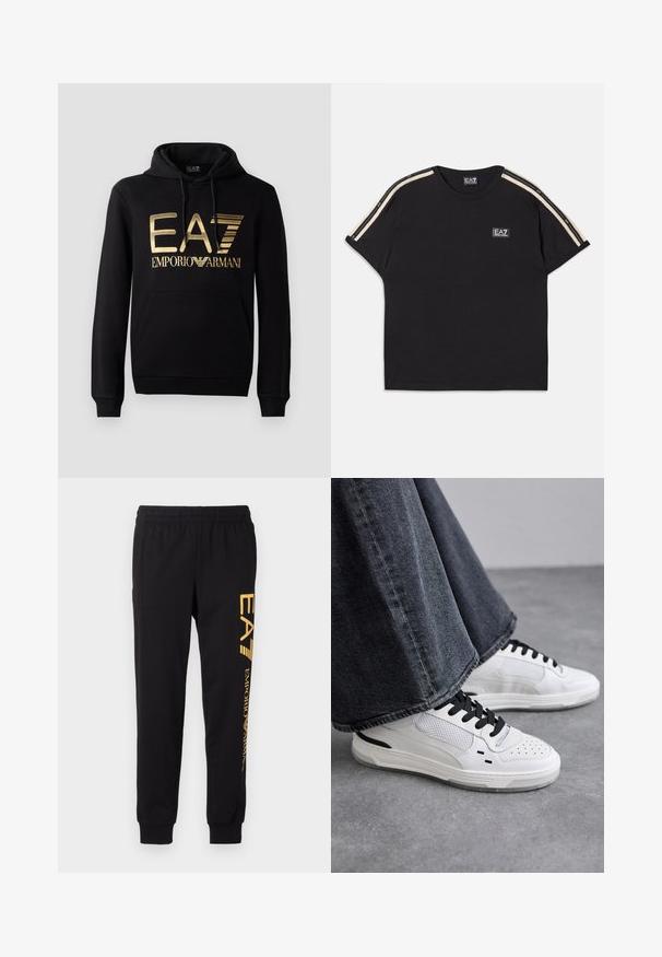 Svart hettegensere med en gull EA7-logo og teksten "EMPORIO ARMANI" på framsiden. Inkluderer en frontlomme og hette med snøring.; Svart bomull t-skjorte med korte ermer. Har kontrasterende brune striper på skuldrene og en liten merket logo på brystet.; Sorte joggebukser laget av myk stoff, med elastisk midje og ribbede ankler. Gul merkevaretrykk vertikalt på venstre bein.; Hvite sneakers med svarte lisser og mesh-detaljer. Har en glatt læroverdel og en teksturert gummisåle. Kombinert med vide gråjeans.