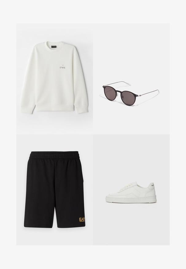 Hvit hettegenser laget av myk stoff. Har rund hals og lange ermer. En liten grå brodert logo er plassert på brystet.; Sorte treningsshorts laget av mykt stoff, med elastisk midje og en liten gul EA7-logo nederst på venstre ben.; Hvite lærersneakers med en jevn overflate, rund tå, flate lisser og en teksturert såle. Har en subtil logo på hælen.; Sorte, runde solbriller med mørke linser og slanke metalarmer. Inkluderer klare temple tips og sølvfargede detaljer ved hengslet. Minimalistisk design.