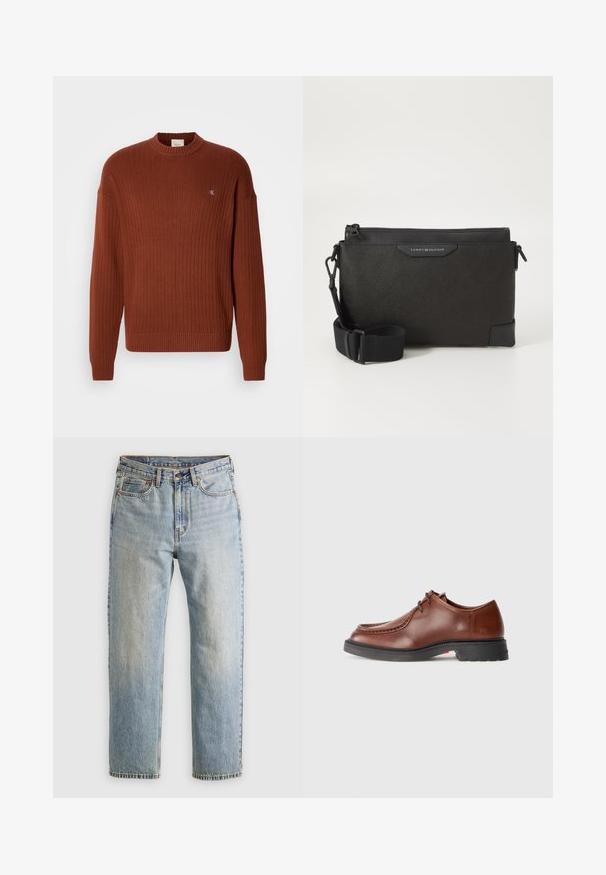 Rostfarbener, gerippter Pullover mit Rundhalsausschnitt, der ein kleines Logo auf der Brust und einen legeren Schnitt aufweist. Hergestellt aus einem strukturierten Strickmaterial.; Helle blaue Jeans mit hoher Taille, Frontknopf, Reißverschluss und fünf Taschen-Design, flach auf einem neutralen Hintergrund ausgelegt.; Braune Lederdressschuhe mit abgerundetem Zehenbereich, kontrastierendem Stich, Schnürdesign und einer strukturierten schwarzen Gummisohle.; Schwarze Leder-Umhängetasche mit strukturiertem Finish, ausgestattet mit einem Reißverschluss und einem verstellbaren Träger. Logo-Patch auf der Vorderseite. Rechteckige Form.