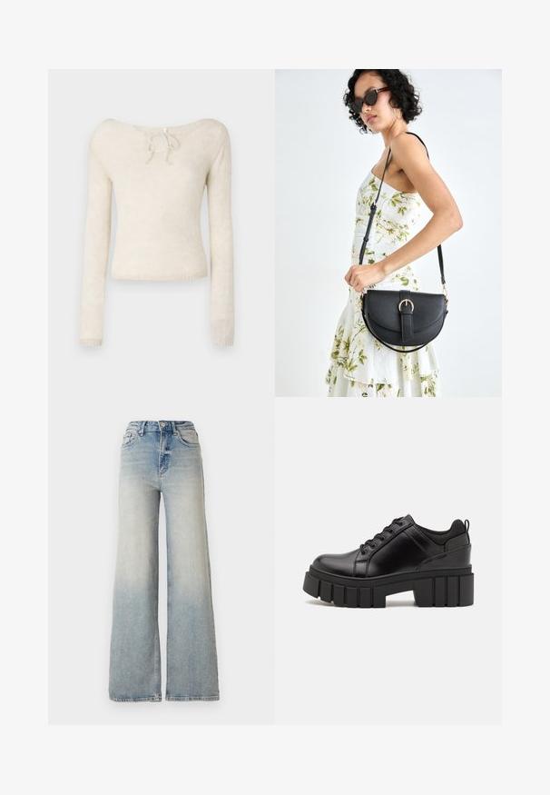 Gai béžs garo piedurkņu džemperis ar apaļu izgriezumu un saišu detalizāciju, izgatavots no mīksta, teksturēta adījuma.; Gai zilu platā kāja džinsi, kas izgatavoti no denima, ar augstu jostasvietu, piecām kabatām un redzamu dūrienu gar šuvēm.; Melnas ādas platformas kurpes ar masīvu bloku papēdi, apaļu purngalu un tradicionālu saistīšanas dizainu. Izceļas ar gludu tekstūru un minimālu apdari.; Melnas ādas rokassoma ar izliekta formu, noņemamu siksnu un zelta aksesuāriem. Somai ir vāciņš ar sprādzes detaļu.