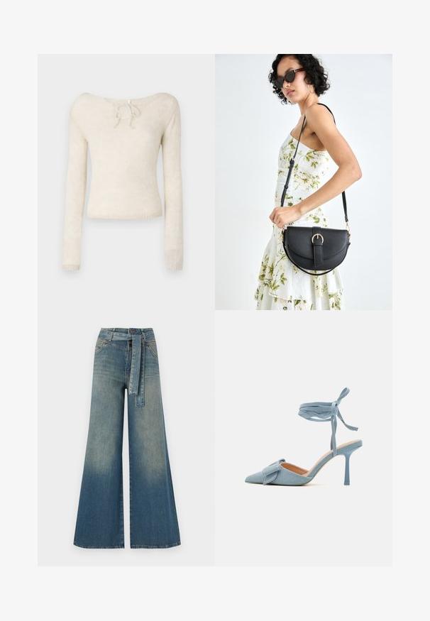 Lys beige langermet genser med scoop-hals og knytedetalj, laget av mykt, teksturert strikket stoff.; Bredde ben jeans med en lyseblå til mørkeblå gradient, høyt liv, beltehemper og et matchende belte i samme stoff. Teksturert denimoverflate.; Pekepusted hæl sko i lyseblå stof med en tekstureret finish, med en sløjfeaccent og ankelrem for en sikker pasform.; Svart lærveske med en buet form, avtagbar stropp og gullbeslag. Vesken har et klaff med spenne-detall.