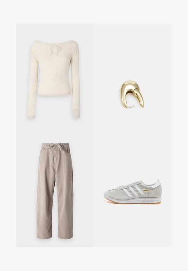 Maglione lungo beige chiaro a maniche lunghe, con scollo a cuore e un dettaglio di legatura, realizzato in un morbido tessuto a maglia testurizzato.; Pantaloni in velluto a coste beige con vestibilità ampia, dotati di vita con cordoncino, due tasche frontali e lavorazione a coste verticali.; Sneaker grigio chiaro realizzato in suede e rete, con tre strisce bianche, punta arrotondata e suola in gomma color caramello. Accento del logo dorato vicino ai lacci.; Orecchino in metallo color oro con un design elegante e curvo. Presenta una forma appuntita distintiva, superficie lucida e chiusura a cerniera.