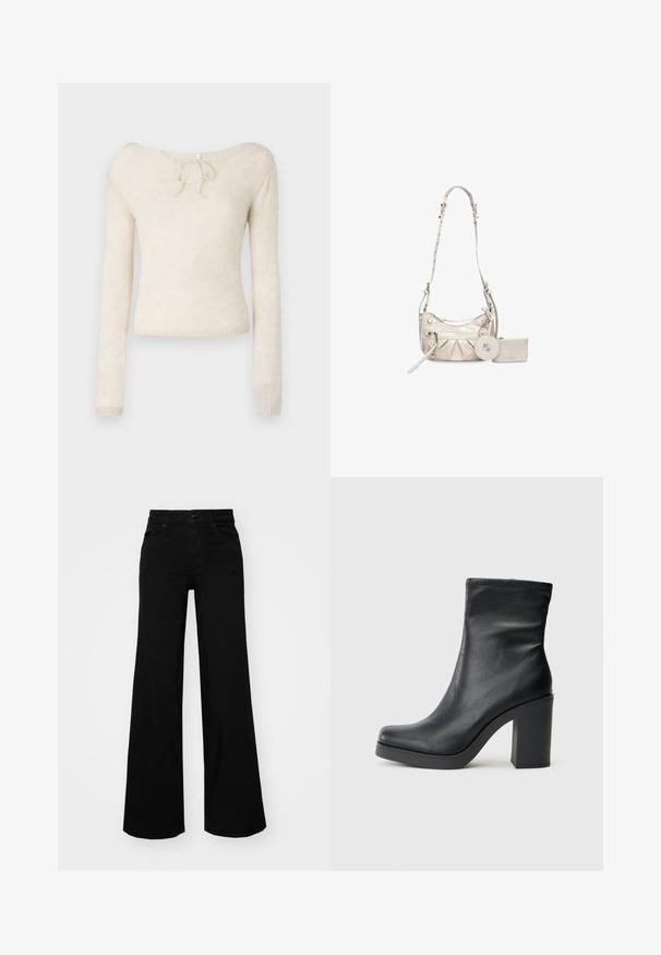 Light beige long-sleeve sweater, featuring a scoop neckline with a tie detail and a soft, textured knit fabric.; Black wide-leg pants made of denim, featuring a structured waistband, belt loops, and front pockets. Smooth texture with a classic design.; Black leather ankle boot with a high block heel, smooth texture, fitted design, and stitched detailing at the top.; Light beige handbag with a structured design, pleated front, silver-tone hardware, adjustable strap, and a detachable round coin pouch.
