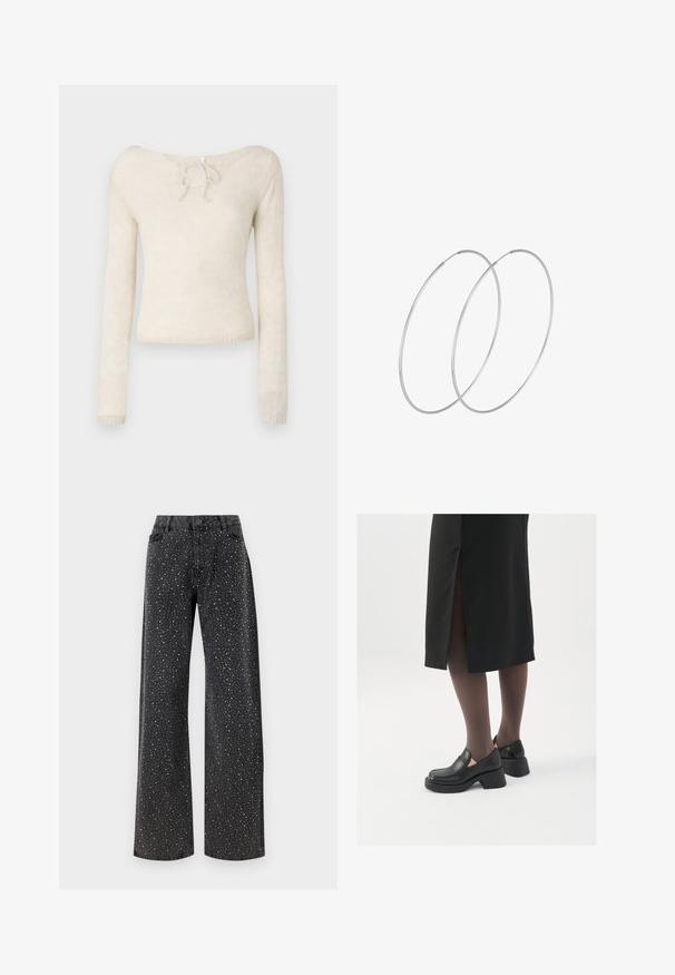 Pull long beige clair à manches longues, avec un décolleté à scoop orné d'un nœud et en tissu tricoté doux et texturé.; Noisy May NMJANNEL LOOSE - Jean boyfriend - black denim; Chaussures noires en cuir avec un bout arrondi, un épais talon bloc et des accents latéraux élastiques, associées à des bas foncés et une jupe noire avec une fente.; Boucles d'oreilles en argent au design minimaliste. Forme circulaire, texture lisse et profil fin. Légères avec une finition polie.