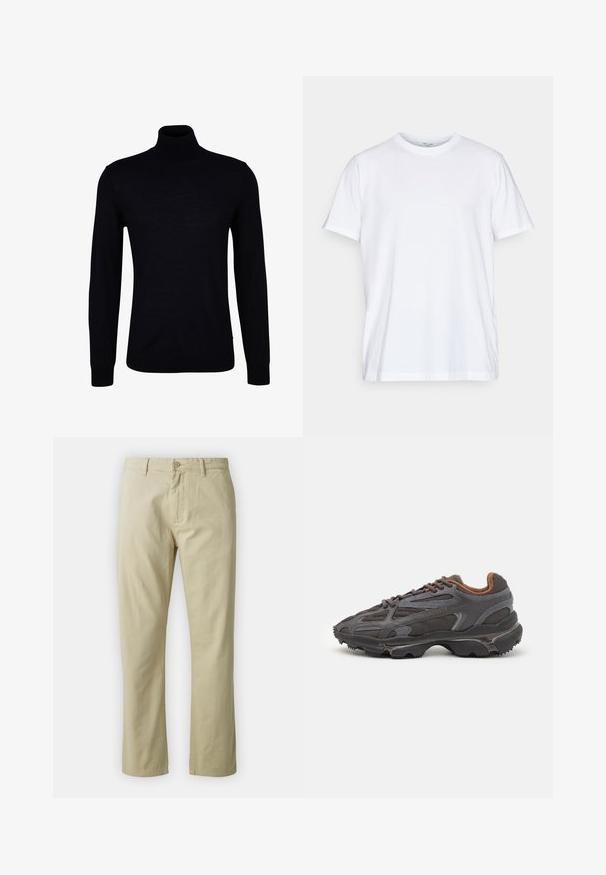 Musta poolneule sileasta neulekankaasta. Ominaisuuksiin kuuluu pitkät hihat, istuva kaula-aukko sekä ribbaatut hihansuut ja helma, jotka takaavat tiiviin istuvuuden.; Valkoinen puuvillainen t-paita, jossa on lyhyet hihat, pyöreä pääntie ja rento leikkaus. Ominaisuudet minimalistinen muotoilu, ei kuvioita tai korostuksia.; Beige puuvillahousut suoran lahkeen muotoilulla, etupainike sulkeminen ja vyölenkit. Sileä pinta, ei näkyviä kuvioita tai yksityiskohtia.; Lacoste-tennar i mörkgrått med nät- och syntetmaterial, med en texturerad sula och bruna accenter på kragen och märket.