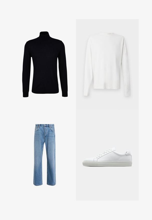 Suéter de gola alta preto em tecido de malha suave. Apresenta mangas longas, um pescoço justo e punhos e barra canelados para um encaixe confortável.; Camisa de algodão branca de mangas longas com decote redondo, fendas laterais na parte inferior e uma textura suave, mostrada de trás.; Calças de ganga azul claro com um design de perna reta, cinco bolsos, fecho de botão, desgaste mínimo e detalhes de costura em contraste.; Sapatilha branca com um cabedal em couro liso e de perfil baixo. Apresenta um bico redondo, seis ilhoses e uma sola de borracha texturizada.