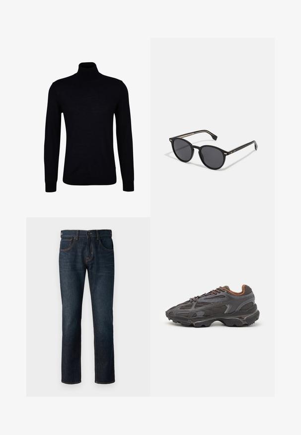 Schwarzer Rollkragenpullover aus einem glatten Strickstoff. Verfügt über lange Ärmel, einen eng anliegenden Kragen und gerippte Bündchen sowie Saum für eine optimale Passform.; Dunkelblaue Denim-Jeans mit geradem Schnitt. Zu den Merkmalen gehören ein Knopf- und Reißverschluss, fünf Taschen und kontrastierende Nähte.; Lacoste Sneaker in Dunkelgrau aus Mesh und Synthetikmaterial, mit einer strukturierten Sohle und braunen Akzenten am Kragen und Logo.; BOSS Sonnenbrille - black