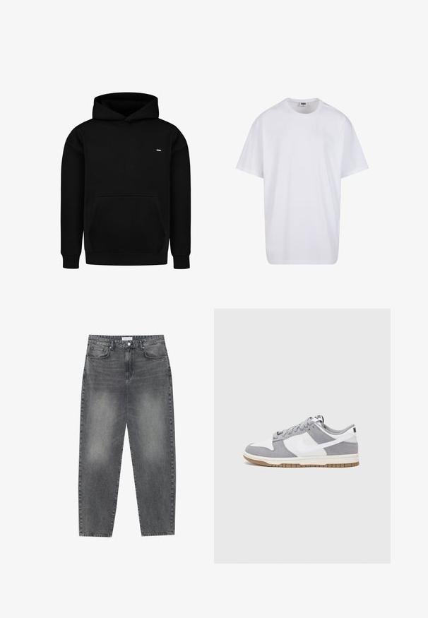Sort hættetrøje med frontlomme og lille hvidt logo på venstre bryst, ribbestrikkede manchetter og talje.; Hvid bomulds t-shirt med korte ærmer, rund halsudskæring, afslappet pasform, og ingen synlige logoer eller mønstre. Glat tekstur og minimalistisk design.; Høj talje, løstsiddende jeans i falmet sort denim. Har fem lommer, bæltestropper og et rent, lige ben design.; Grå og hvid sneaker med en overdel i ruskind og læder, rund tå, flade snørebånd og en gummisål med en gummifarvet detalje.