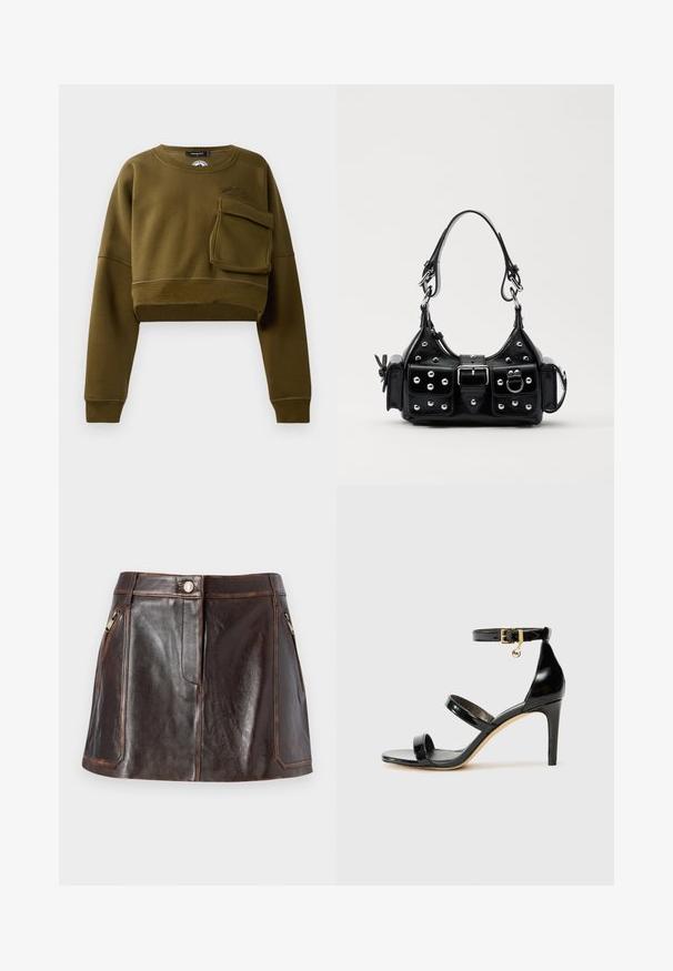 Felpa corta verde oliva con scollatura rotonda, maniche lunghe e tasca frontale. Presenta un tessuto testurizzato e un sottile dettaglio del logo.; Mini gonna in pelle marrone con un design elegante, due tasche laterali con zip e cuciture a contrasto lungo i bordi.; Sandalo in pelle verniciata nera con tre cinturini, fibbia alla caviglia e tacco a stiletto di 10 cm. Presenta dettagli in hardware dorato e un charm con logo.; Borsa a mano in pelle nera con design curvo, caratterizzata da borchie argentate, una fibbia e due tasche laterali. Tracolla regolabile per diverse opzioni di trasporto.