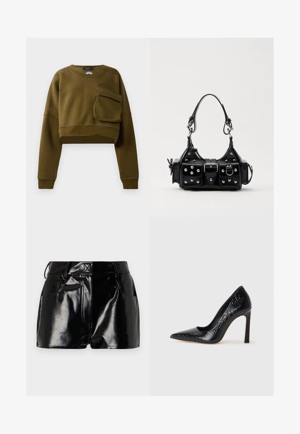 Sudadera recortada de color verde oliva con cuello redondo, mangas largas y un bolsillo frontal. Presenta un tejido texturizado y un sutil detalle de logo.; Shorts negros y brillantes de material sintético. Presentan una cintura ajustada, trabillas para el cinturón y bolsillos frontales con detalles de costura prominentes.; Zapato de tacón alto negro con punta afilada y textura de piel de cocodrilo, que presenta un diseño elegante, un alto tacón de aguja y un interior negro suave.; Bolso de mano de cuero negro con un diseño curvado, que cuenta con tachuelas plateadas, una hebilla y dos bolsillos laterales. Correa ajustable para opciones de transporte.
