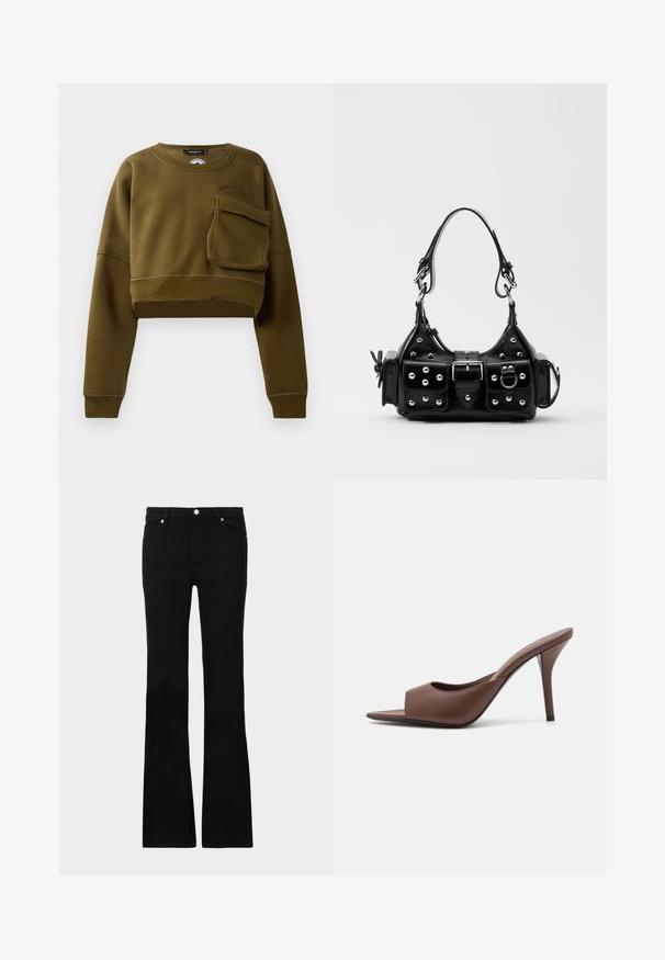 Olive green cropped sweatshirt with a round neckline, long sleeves, and a front pocket. Features textured fabric and subtle logo detail.; Black flared jeans made of denim, featuring two front pockets, a button closure, and a smooth texture. Signature stitching visible at seams.; Brown leather open-toe high-heeled mules with a sleek design, featuring a wide front strap and a slender stiletto heel.; Black leather handbag with a curved design, featuring silver studs, a buckle, and two side pockets. Adjustable strap for carrying options.