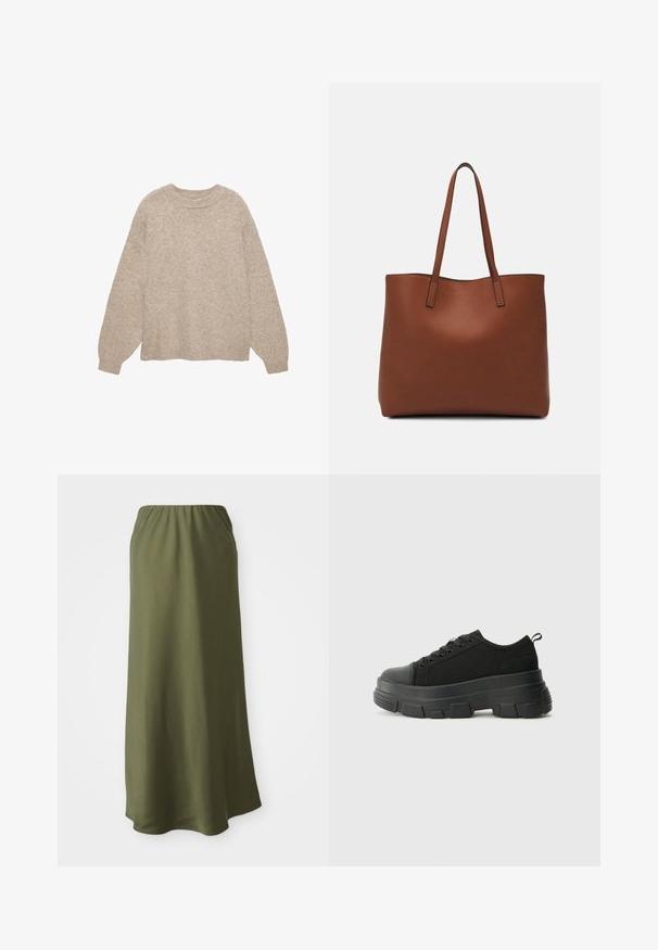Beżowy sweter dzianinowy z okrągłym dekoltem, długimi rękawami i fakturowanym wykończeniem. Posiada ściągacze przy mankietach i u dołu. Luźny krój, minimalistyczny design.; Oliwkowa spódnica do kostek, wykonana z miękkiego materiału, z elastycznym pasem; gładka tekstura i prosty, zwiewny fason.; Czarne sneakersy z masywną gumową podeszwą, teksturowaną górną częścią, okrągłym noskiem i sznurowanym zapięciem. Posiadają wzmocnione oczka i pętelkę z tyłu.; Brązowa skórzana torba tote o gładkiej fakturze, z otwartym wierzchem i dwoma ramiączkami. Charakteryzuje się minimalnym przeszyciem i brakiem widocznych elementów metalowych.