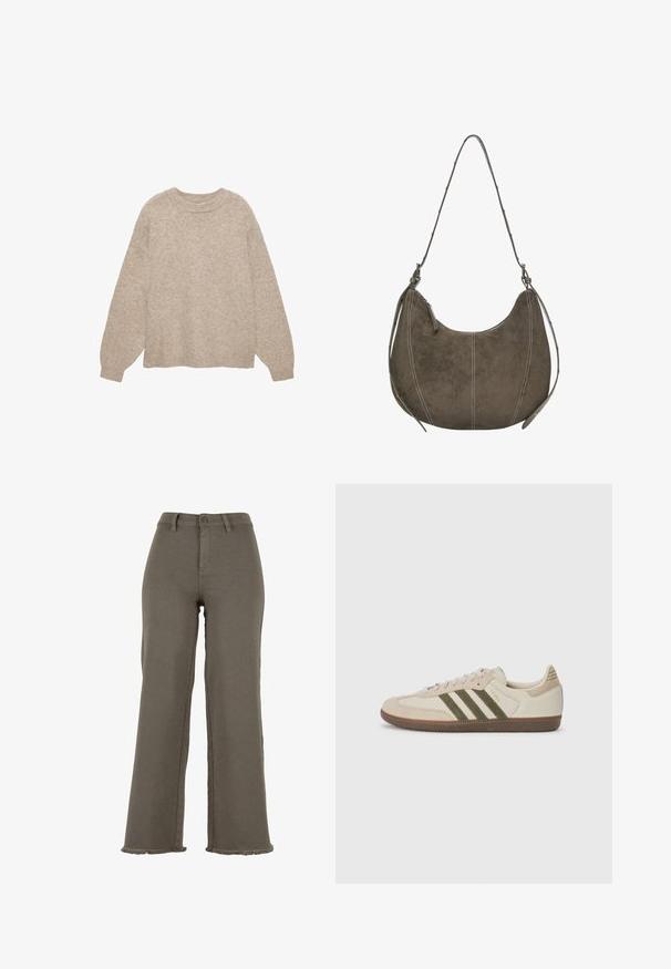 Beige gestrickter Pullover mit Rundhalsausschnitt, langen Ärmeln und texturiertem Finish. Mit gerippten Bündchen und Saum. Lässige Passform, minimalistisches Design.; Olivenfarbene Jeans mit weitem Bein, mit Knopfverschluss, ausgefransten Säumen und frontalen Taschen. Ganze glatte Textur.; adidas Originals SAMBA OG UNISEX - Sneaker low - alumina/medium dark khaki/gum; Braune Wildleder-Hobo-Tasche mit geschwungener Form, Kontrastnähten, einem einzigen Schultergurt und Reißverschluss-Detail. Insgesamt glatte Textur.