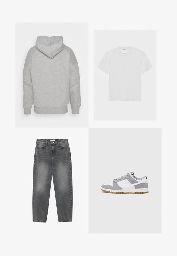 Grauer Hoodie mit einer enganliegenden Kapuze, weiten Ärmeln und geripptem Saum. Weicher, strukturierter Stoff ohne sichtbare Muster oder Hardware-Details.; Weißes Baumwoll-T-Shirt mit kurzen Ärmeln, Rundhalsausschnitt und lässiger Passform. Glatte Textur und keine sichtbaren Muster oder Akzente.; Hoch taillierte, locker sitzende Jeans aus verwaschenem schwarzem Denim. Verfügt über fünf Taschen, Gürtelschlaufen und ein sauberes, gerades Bein-Design.; Graue und weiße Sneaker mit einem Obermaterial aus Wildleder und Leder, abgerundeter Spitze, flachen Schnürsenkeln und einer Gummisohle mit einem Kautschukakzent.
