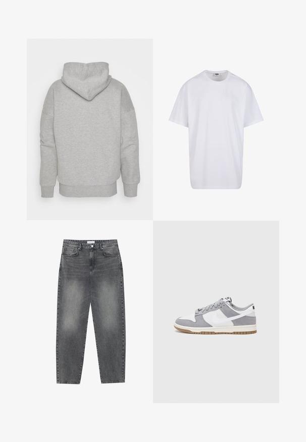 Sudadera gris con capucha ajustada, mangas anchas y dobladillo acanalado. Tela suave y texturizada sin patrones visibles ni detalles metálicos.; Camiseta blanca de algodón con mangas cortas, cuello redondo, corte relajado y sin logotipos ni patrones visibles. Textura suave y diseño minimalista.; Jeans de cintura alta y corte holgado en denim negro desgastado. Con cinco bolsillos, pasadores para el cinturón y un diseño de pierna recta y limpia.; Zapatilla gris y blanca con parte superior de ante y cuero, puntera redondeada, cordones planos y suela de goma con un acento de goma.