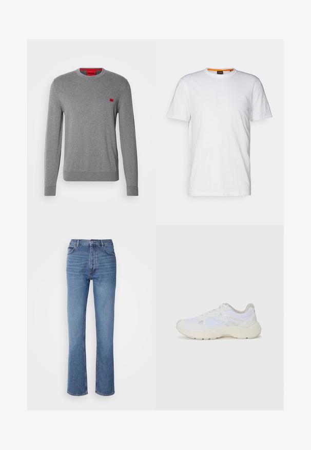 HUGO SAN CASSIUS - Strickpullover - medium grey; Weißes Baumwoll-T-Shirt mit Rundhalsausschnitt, kurzen Ärmeln und einem dezenten geprägten Logo auf der Brust. Das Innenschild hat einen orangefarbenen Akzent.; Blaue Denim-Jeans mit hoher Taille, geradem Bein und dezenter Ausbleichung. Verfügt über einen klassischen Fünf-Taschen-Stil und einen Reißverschluss.; Weiße Sportschuhe aus Mesh und Wildleder, mit einer strukturierten Zwischensohle, strukturierten Akzenten und dem "HUGO"-Logo an der Seite.