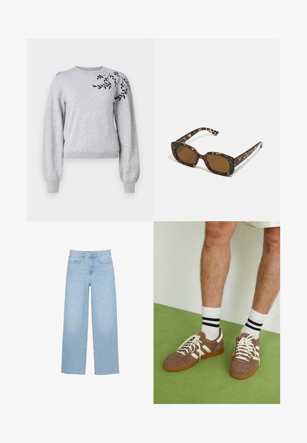 Object OBJTHESS EMBROIDERY PULLOVER - Jumper - light grey melange; Light blue wide-leg jeans made of denim, featuring a high waist, straight cut, and five-pocket design with a clean hem.; Brown suede sneakers with white accents and laces. Rubber gum sole. Worn with white socks featuring black stripes. Green textured flooring.; Tortoiseshell sunglasses with a rounded, chunky frame and brown lenses. Features subtle patterns and straight, tapered arms.; Zign LEATHER - Tote bag - light brown