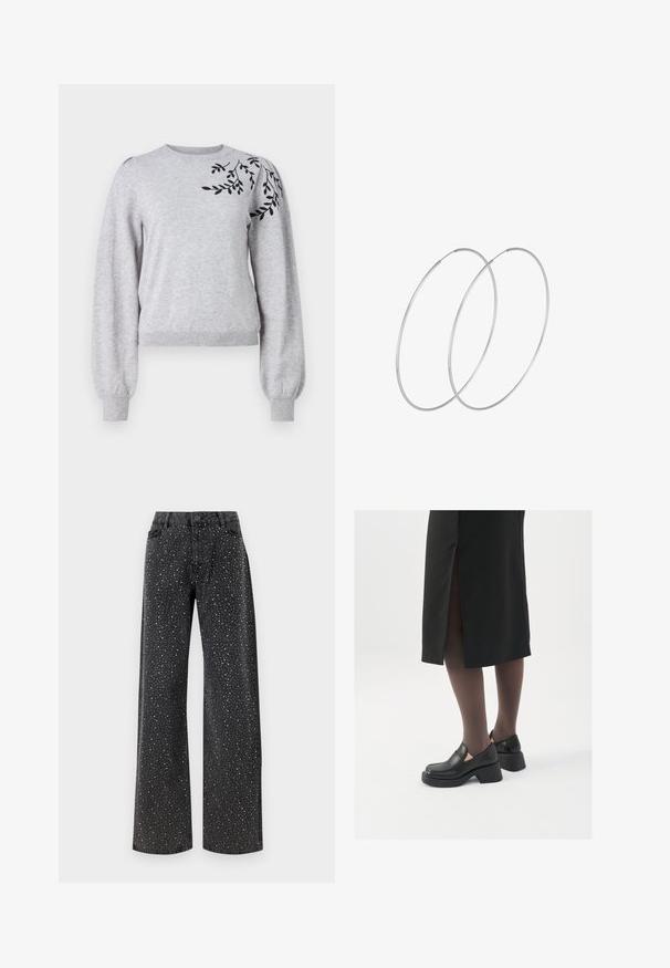 Object OBJTHESS EMBROIDERY PULLOVER - Svetr - light grey melange; Noisy May NMJANNEL LOOSE - Džíny Relaxed Fit - black denim; Černé kožené boty s kulatou špičkou, silným blokovým podpatkem a elastickými bočními akcenty, spárované s tmavými punčochami a černou sukní se rozparkem.; Stříbrné kruhové náušnice s minimalistickým designem. Kruh, hladký povrch a tenký profil. Lehká konstrukce s lesklým povrchem.