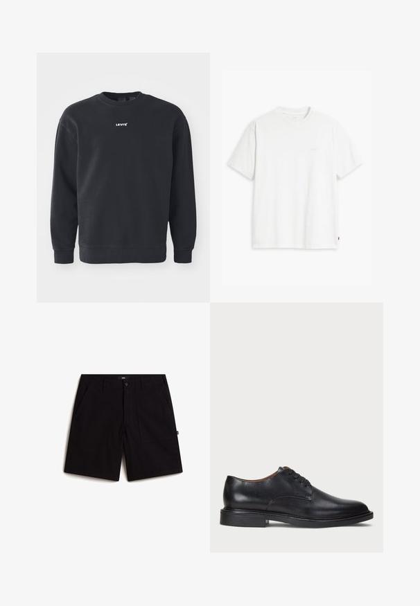 Svart sweatshirt i bomull med rund hals, långa ärmar och en liten vit "LEVI'S"-logotyp på bröstet.; Vit bomulls t-shirt med korta ärmar, rundad halsringning och subtil Levi's-logotyp tryckt i mitten. Mjuk textur och standard passform.; Svarta shorts i bomull med en standard midja, två framfickor och en avslappnad passform. Enkelt mönster utan synliga mönster.; Svart läderklänningsko med rund tå, snörning och låg staplad klack. Slät yta med minimala sömdetaljer.