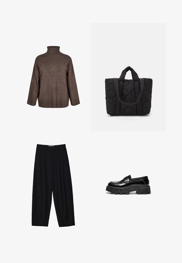 Zizzi Stickad tröja - bracken mel; Svarta vida byxor i lätt tyg, med framfållningar, en klassisk midja och sidofickor. Slät textur.; Svarta läderloafers med tjock gummisula, dekorativ rem tvärs över ovandelen och kontrasterande vit söm. Slät textur med rundad tå.; Svart vadderad tygväska med två stadiga handtag, med en strukturerad tyg med ett diamantmönster för hållbarhet och stil.