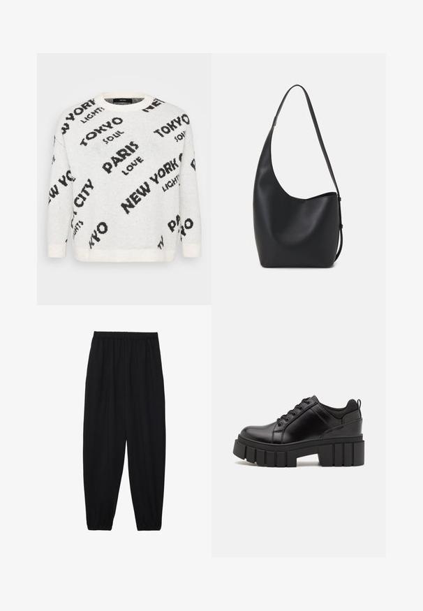 Weißer Strickpullover mit übergroßem schwarzem Text von Städtenamen wie "PARIS" und "TOKYO", mit Rundhalsausschnitt und gerippten Bündchen.; Schwarze, leichte Hosen mit einem elastischen Bund und gerafften Knöcheln. Der Stoff ist glatt und hat ein entspanntes, schmal zulaufendes Design.; Schwarze Lederplateauschuhe mit klobigem Blockabsatz, runder Zehenpartie und traditionellem Schnürdesign. Verfügt über eine glatte Textur und minimale Details.; Schwarze Leder-Hobo-Tasche mit einer glatten Textur, geschwungener Form und einem einzelnen verstellbaren Tragegurt; verfügt über eine weite Öffnung am oberen Ende.