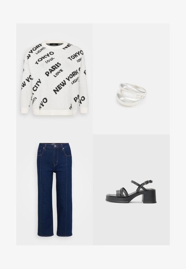 Maglione bianco a maglia con grande scritta nera dei nomi di città, come "PARIGI" e "TOKYO", con scollo a giro e polsini a costine.; Jeans dritti blu scuro con chiusura a bottoni, tasche anteriori e posteriori e cuciture arancioni visibili lungo le cuciture.; Sandali neri con tacco alto a forma di blocco, caratterizzati da più sottili cinturini e una punta rotonda. La superficie del tacco è liscia. Chiusura con fibbia regolabile.; Anello doppio in argento con superficie liscia e lucida. Presenta un design fluido e curvo con sezioni sovrapposte per un aspetto moderno.
