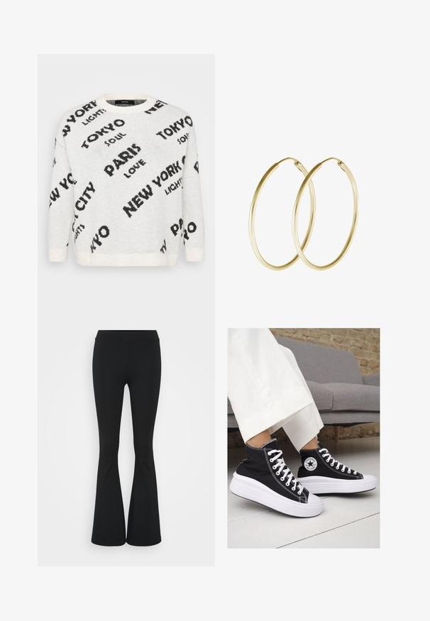 Baltas megztinis su didelėmis juodomis raidėmis, rodančiomis miestus, tokius kaip "PARYŽIUS" ir "TOKIJAS", su apvaliu iškirpimu ir rilėtomis rankovėmis.; Juodai platėjantys kelnių, pagamintų iš tamprių medžiagų, kurie turi aukštą juosmenį ir lygią tekstūrą. Kelnės platėja nuo kelio.; Juodi kanvasiniai aukšti sportbačiai su baltais guminiais padu ir raišteliais. Šonuose yra apskritas logotipas ir ryški balta siūlė.; Aukso auskarai žiedai su lygia, apvali forma ir blizgiu paviršiumi. Lengva konstrukcija su saugiu užsegimu.