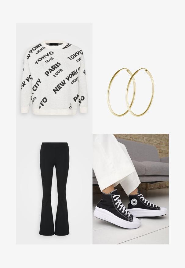 White knit sweater featuring oversized black text of city names, such as "PARIS" and "TOKYO," with a crew neckline and ribbed cuffs.; Black flared pants made of stretchy fabric, featuring a high waistband and a smooth texture. The pants flare out from the knee.; Black high-top sneakers with white rubber soles and laces. Features a round logo patch and contrasting white stitching. Canvas material.; Gold hoop earrings featuring a smooth, rounded design with a shiny finish. Lightweight construction with a secure clasp closure.