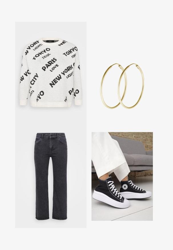 Balta adīta džemperis ar pārspīlētu melnu tekstu par pilsētām, piemēram, "PARĪZE" un "TOKIJA", ar apaļu kakla izgriezumu un ribota piedurkņu apakšdaļu.; Melnas denim bikses ar taisno kāju dizainu, piecu kabatu un pogas aizdari. Audumam ir nedaudz izbalēta tekstūra un izturīga šuvuma.; Melni kanvas augstpapēžu apavi ar baltām gumijas zolēm un auklām. Ievērojams aplis logotips sānos un kontrastējoša balta šuvums.; Zelta auskari ar gludu, noapaļu dizainu un spīdīgu apdari. Viegls izpildījums ar drošu aizdari.