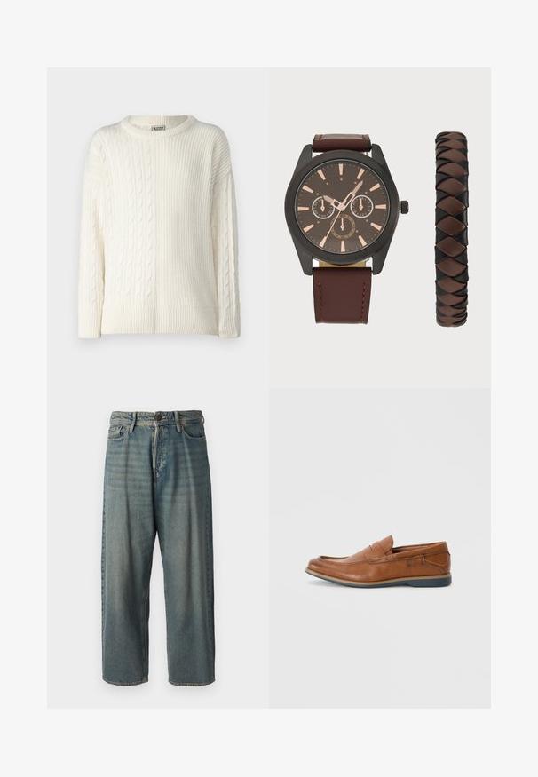 Denim Project COMBINED - Jumper - off white; Light blue denim jeans with a loose fit, mid-rise waist, and straight legs. Features five pockets, belt loops, and a button closure.; Brown leather loafers with a round toe, stitched accents, and a low rubber sole. The design features a band across the upper.; Pier One SET - Watch - black/brown