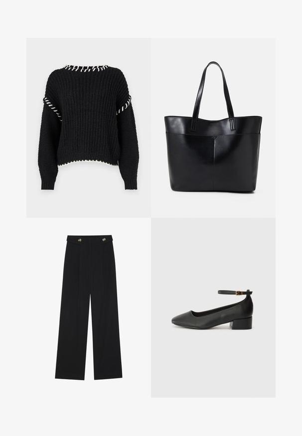 Black knitted sweater with a cropped design, white trim along the neckline and hems, and loose-fitting sleeves with ribbed texture.; Black wide-leg trousers with high waist, button details on waistband, and front pleats.; Black leather pump with a pointed toe and a low block heel. Features an ankle strap with a gold-tone buckle. Smooth texture.; Black leather tote bag with two long handles, a smooth texture, and a structured shape. Features a front pocket for additional storage.