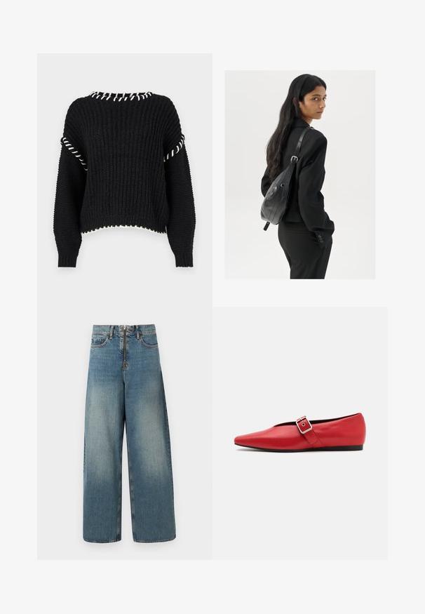 Svart strikket genser med cropped design, hvit kant langs halsen og sømmer, og løse ermer med ribbet tekstur.; Bukse med vid ben i lys blå vask. Har glidelås og knappelukking, samt subtil falming for et brukt utseende.; Røde lærflatsko med spiss tå, med en sidespenne med metallspenne og en lav svart hæl. Glatt tekstur gjennom hele skoen.; Kvinne med langt mørkt hår iført et svart jakkesett, som bærer en svart skinn skulderveske, og ser over skulderen mot en hvit bakgrunn.