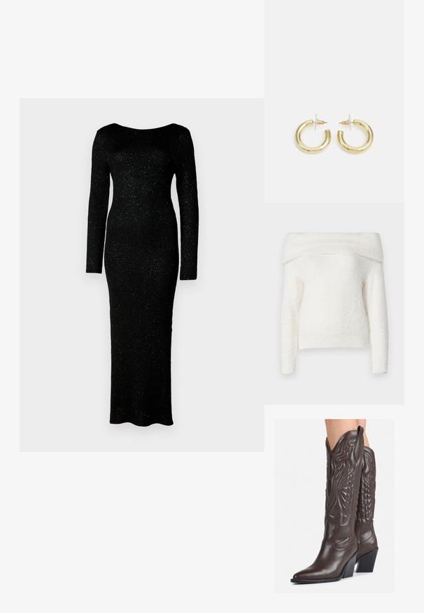Noisy May NMHEIDI OFF SHOULDER - Strickpullover - eggnog; Schwarzes, langärmliges Kleid aus strukturiertem Stoff mit taillierter Form und bodenlangem Design, das dezente Glitzerakzente aufweist.; Braune Leder-Cowboy-Stiefel mit spitzem Punkt und Blockabsatz, die über detaillierte Stickereien und hervorgehobene Akzente am Schaft verfügen.; Schwarze Leder-Clutch mit Klappe und goldfarbenem Metallschnallen-Detail. Enthält einen schwarzen Riemen und ein schlankes, minimalistisches Design.; Goldene Creolen mit einer glatten, glänzenden Oberfläche. Zirkuläres Design mit einem kleinen Stecker und einer klaren Rückseite für einen sicheren Sitz.
