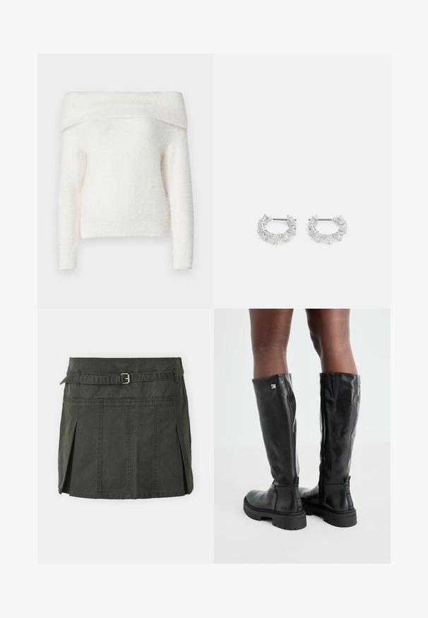 Noisy May NMHEIDI OFF SHOULDER - Džemperis - eggnog; Tamsiai žalia medvilninė mini sijonas su prigludusia liemene, diržu ir priekinių klosčių detalėmis. Yra siuvinėjimo detalės ir klasikinis kirpimas.; Juodos iki kelių odinės botai su lygiu paviršiumi, apvaliu pirštu, stambiu padu ir užtrauktuku. Ant šono yra sidabrinė logo.; Sidabrinės auskarų kabliukų formos auskarai, papuošti aiškiais, stačiakampiais ir trikampiais kristalais, kurie išdėstyti raštuotu dizainu. Tvirtinimai, užtikrinantys saugų prilaikymą.