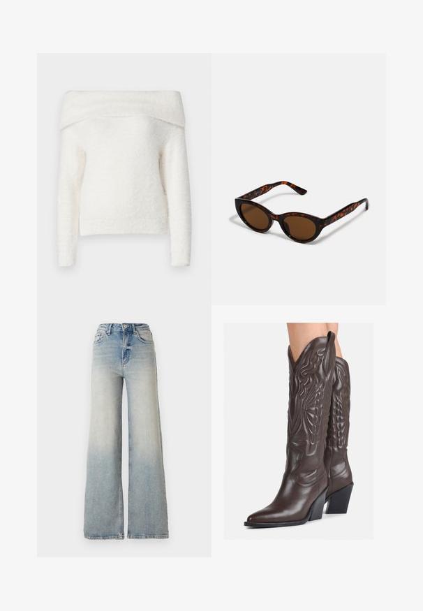 Noisy May NMHEIDI OFF SHOULDER - Neule - eggnog; Vaaleansiniset leveälahkeiset farkut, joissa on korkea vyötärö, viisi taskua ja näkyvät ompeleet saumoissa.; Ruske nahkasaappaat, joissa on terävä kärki ja laatikkokorko, varustettu yksityiskohtaisella ompelulla ja kohotetuilla yksityiskohdilla varsiosassa.; Ruske tortoiseshell sunčane naočale s vintage mačkastim oblikom i smešnim sočivima. Ima zakrivljene okvire s crvenim akcentima.; Musta nahkainen kynäpenkkilaukku, jossa on läppä ja kultainen metallinen solkiyksityiskohta. Mukana musta hihna ja tyylikäs, minimalistinen muotoilu.; Kultaiset rengaskorvakorut, ohuet ja pyöreät, joissa on sileä metallipinta ilman koristeluja tai kuvioita.