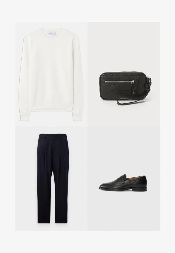 White ribbed sweater with a round neckline and long sleeves; features a soft texture and a subtle, even pattern across the fabric.; Navy blue trousers in a straight cut, featuring a textured fabric, two front pleats, belt loops, and a zip fly closure.; Black leather loafer with a rounded toe, subtle stitched detailing, and a low heel, featuring a smooth texture and minimalist design.; Black leather clutch with textured surface, front zip pocket, and detachable wrist strap. Features a logo patch on the front. Rectangular shape.