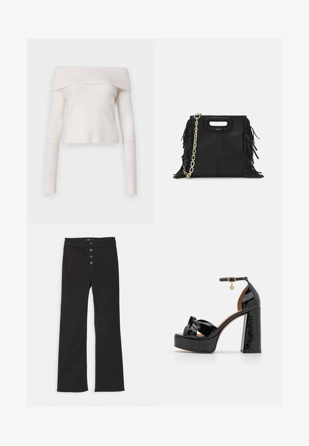 Kreemist off-the-shoulder ribbed kudum, millel on pikad varrukad ja vormiv siluett. Pehme tekstuur sujuva viimistlusega.; Mustad denimist laiad jalad kõrge vöökohaga, viie taskuga disain ja esine nupuga kinnitamine, kus on neli metallnuppu.; Maje Kõrge kontsaga sandaalid - noir; Musta nahk käekott, millel on frantsiisid, kuldne ahelsanga ja lõigatud käepide. Esiosas on logot.
