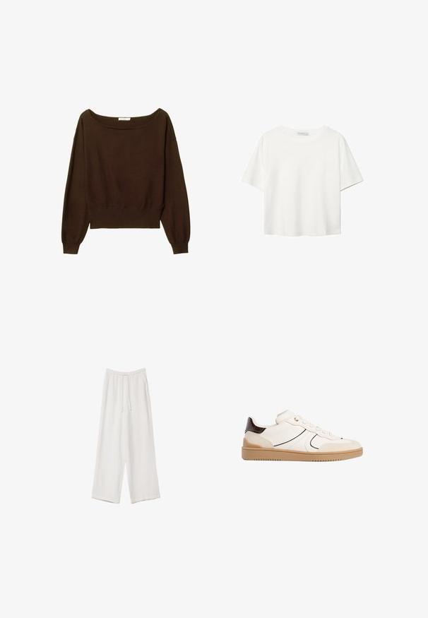Brązowy, krótki sweter z szerokim dekoltem i długimi, nieco puffowanymi rękawami. Miękka tekstura i detal prążkowanego wykończenia. Brak widocznych zapięć.; Biała koszulka z krótkim rękawem, wykonana z bawełny. Posiada okrągły dekolt i luźny krój. Gładka faktura bez widocznych wzorów czy akcentów.; Białe spodnie o szerokich nogawkach wykonane z lekkiego materiału. Posiadają elastyczny pas z sznurkiem i boczne kieszenie. Gładka tekstura.; Stradivarius - Sneakersy niskie