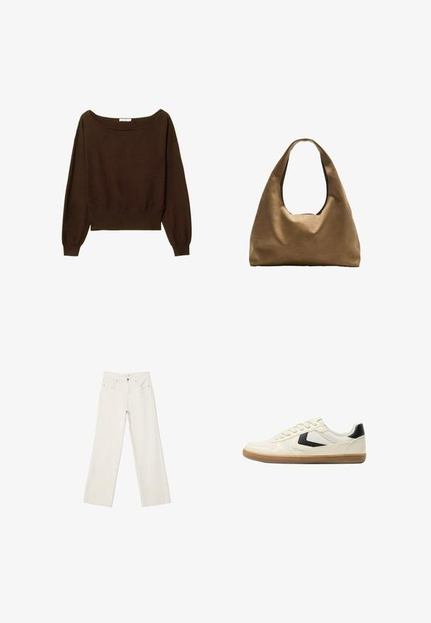 Hnedý skrátený sveter so širokým výstrihom a dlhými, mierne puffovanými rukávmi. Mäkká textúra a rebrovaný detail na spodnej časti. Žiadne viditeľné zapínanie.; Biele široké rifle vyrobené z denimu, s vysokým pásom, prednými vreckami a zapínaním na gombík. Čistý dizajn s minimálnymi akcentmi.; Bershka Tenisky - white; Hnedá látková taška cez rameno s širokým, zaobleným telom a veľkým vyrezaným uchom. Mäkčená textúra, minimalistický dizajn a bez viditeľného kovania.
