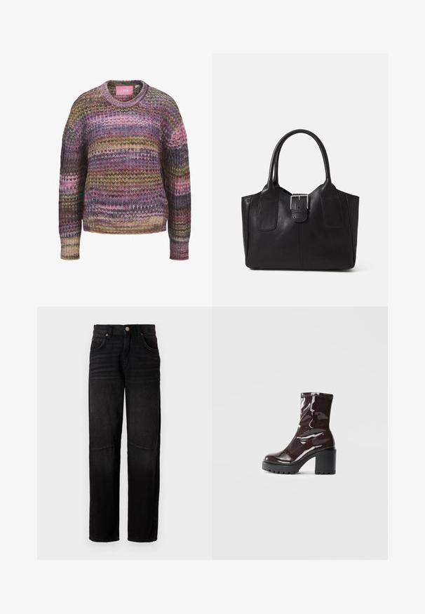 Suéter de malha com decote redondo, listras multicoloridas em tons de rosa, amarelo e verde, e punhos e barra canelados. Material em mistura de algodão.; Calças de ganga pretas com corte de perna reta, estilo de cinco bolsos, fecho com botão e um leve desbotamento nas coxas e joelhos.; Bota de tornozelo burgundy brilhante com um salto preto robusto, apresentando uma textura suave e um design simples. Sem fechos ou padrões visíveis.; Bolsa tote de couro preta com textura suave, forma estruturada, duas alças e um destaque prateado proeminente na parte da frente.