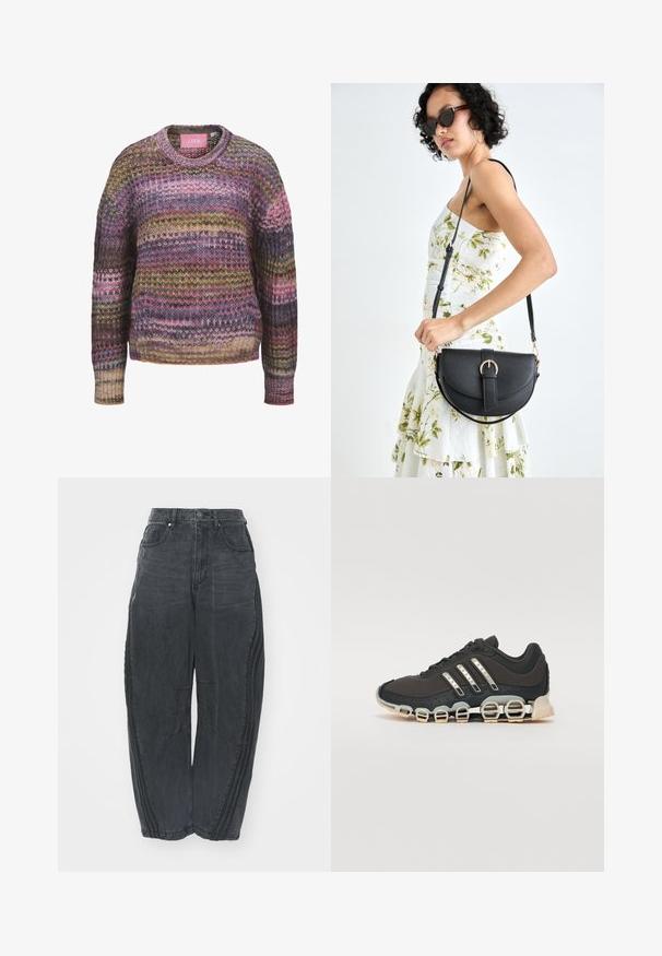 Strikkegenser med rund hals, flerfargede striper i rosa, gul og grønn, samt ribbestrikkede mansjetter og hem. Materiale av bomullsblanding.; Baggy svarte denimjeans med en falmet finish, fem lommer, belteknapplukking og sømdetaljer på forsiden og sidene.; Svarte sportsko med en strukturert overflate, tre sølvstriper, og en distinkt støtdempende såle med flere integrerte seksjoner.; Svart lærveske med en buet form, avtagbar stropp og gullbeslag. Vesken har et klaff med spenne-detall.