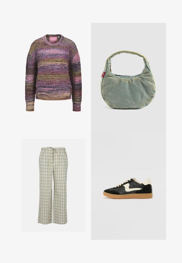 Pulover tricotat cu decolteu rotund, dungi multicolore în nuanțe de roz, galben și verde, cu manșete și tiv din tricoturi ondulate. Material din amestec de bumbac.; Pantaloni de pijama în carouri verzi și albe, confecționați dintr-un material moale, dispun de un brâu elastic cu șnur și picioare largi, lejere.; Tenisi din suede și piele negri cu un swoosh lateral de culoare crem și călcâi de un crem deschis. Prezintă șireturi bej și o talpă din rubber de tip gum.; Geantă din denim albastru deschis, cu mânere scurte, umplute și eticheta mică cu logo-ul roșu Levi's pe lateral, așezată pe un fundal simplu.