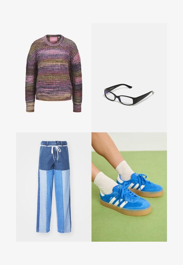 Megzta džemperis su apvalia iškirpte, daugiaspalvėmis juostelėmis rožinės, geltonos ir žalios spalvų atspalviuose, bei guma apykaklėje ir galiukuose. Pagamintas iš medvilnės mišinio.; Mėlyni džinsiniai aptiniai su įvairių atspalvių mėlyno audinio intarpais, su tamprių juosmeniu ir laisvais, tiesiais kirpimais.; Mėlyni zomšiniai sportbačiai su baltais dryžiais, guminiu padu, apvaliu pirštu ir audiniais raišteliais. Derinami su kremine spalvos kojinėmis ant žaliavos.; Juodi stačiakampiai akinių rėmeliai su skaidriais lęšiais. Blizgus paviršius, siauri šonai ir purpurinis atspalvis, matomas lęšių pakraščiuose.